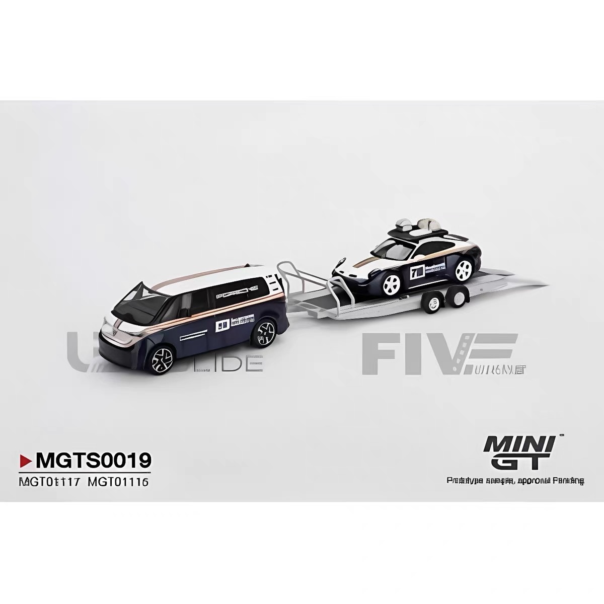 MINI GT 1:64 MGTS0019 Prototype Diecast Van with Sports Car Trailer Set