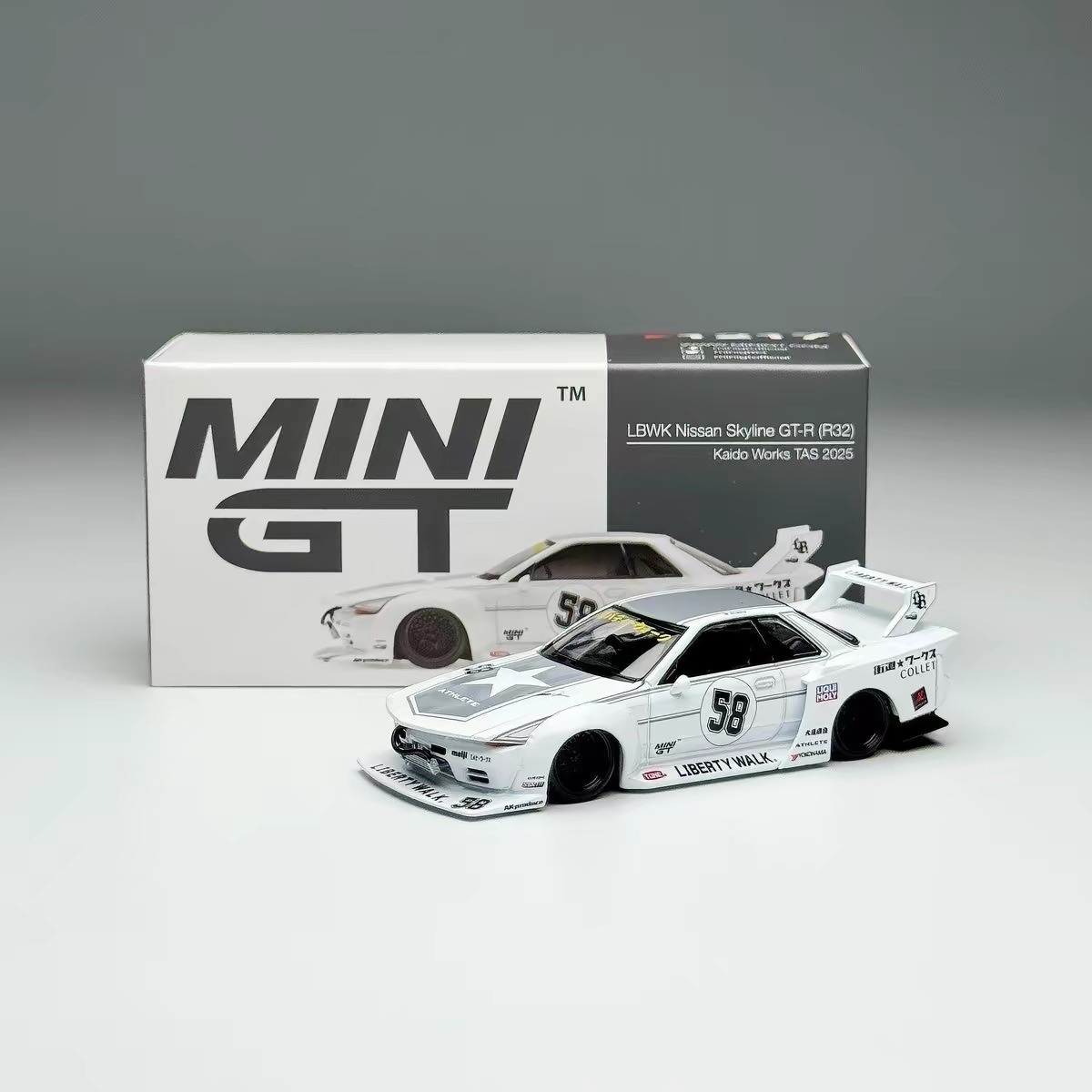 MINI GT 1:64 LBWK Nissan Skyline GT-R R32 Kaido Works TAS 2025 White #58