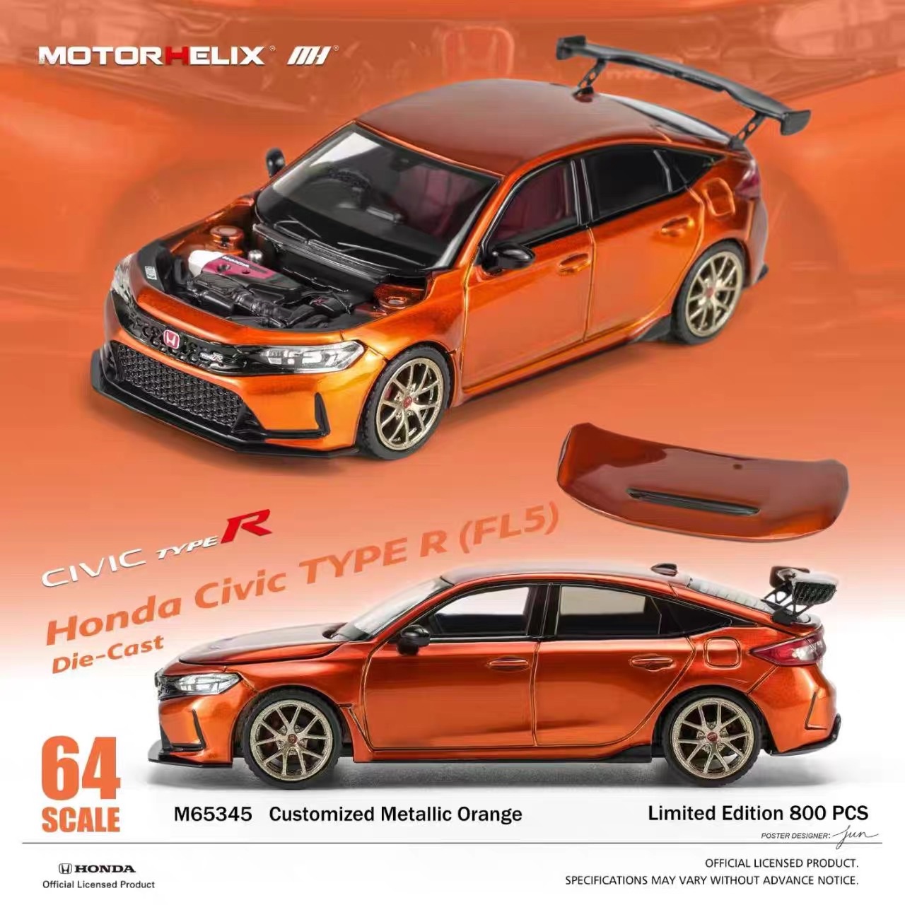 MotorHelix 1:64 Honda Civic Type R FL5 Customized Metallic Orange Die-Cast Limited Edition