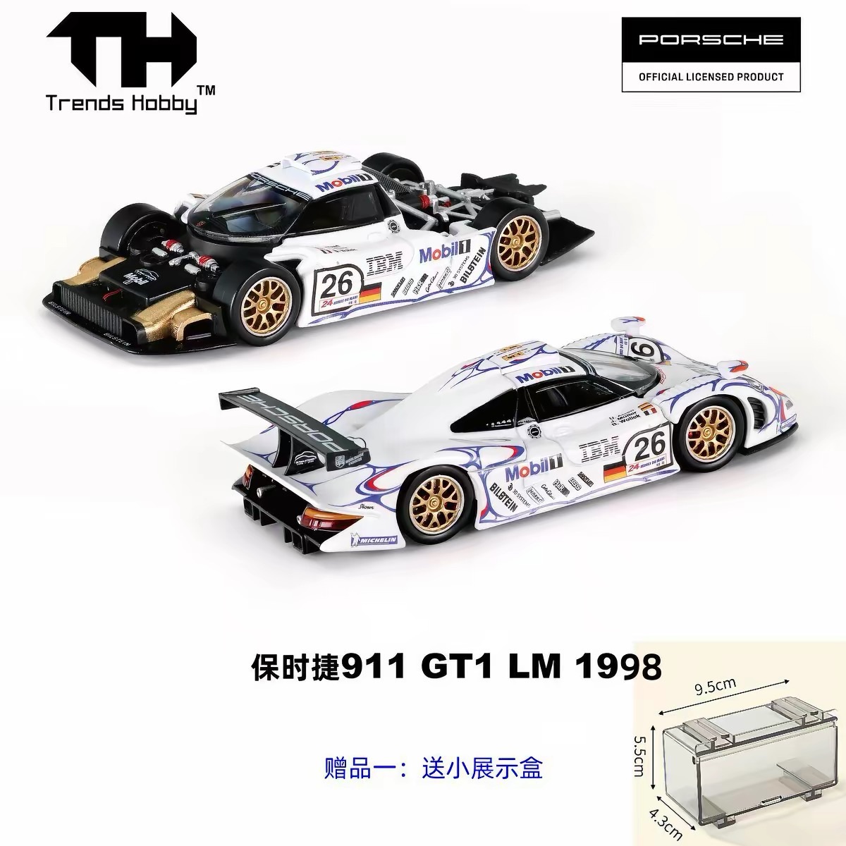 Trends Hobby 1:64 Porsche 911 GT1 LM 1998 #26 Mobil 1 White Diecast Model Car